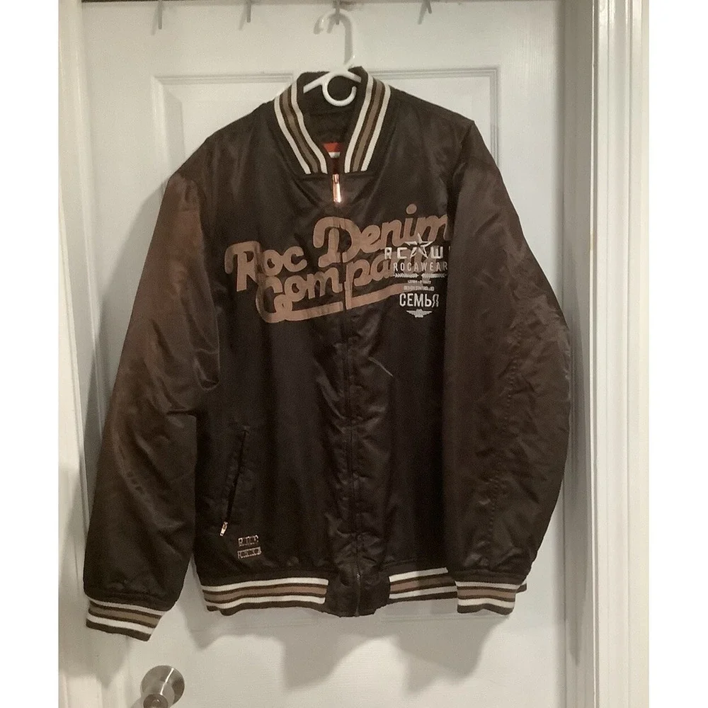 Rocawear Mens XL  Brown Varsity Jacket Roc Denim Company Insulated Y2K